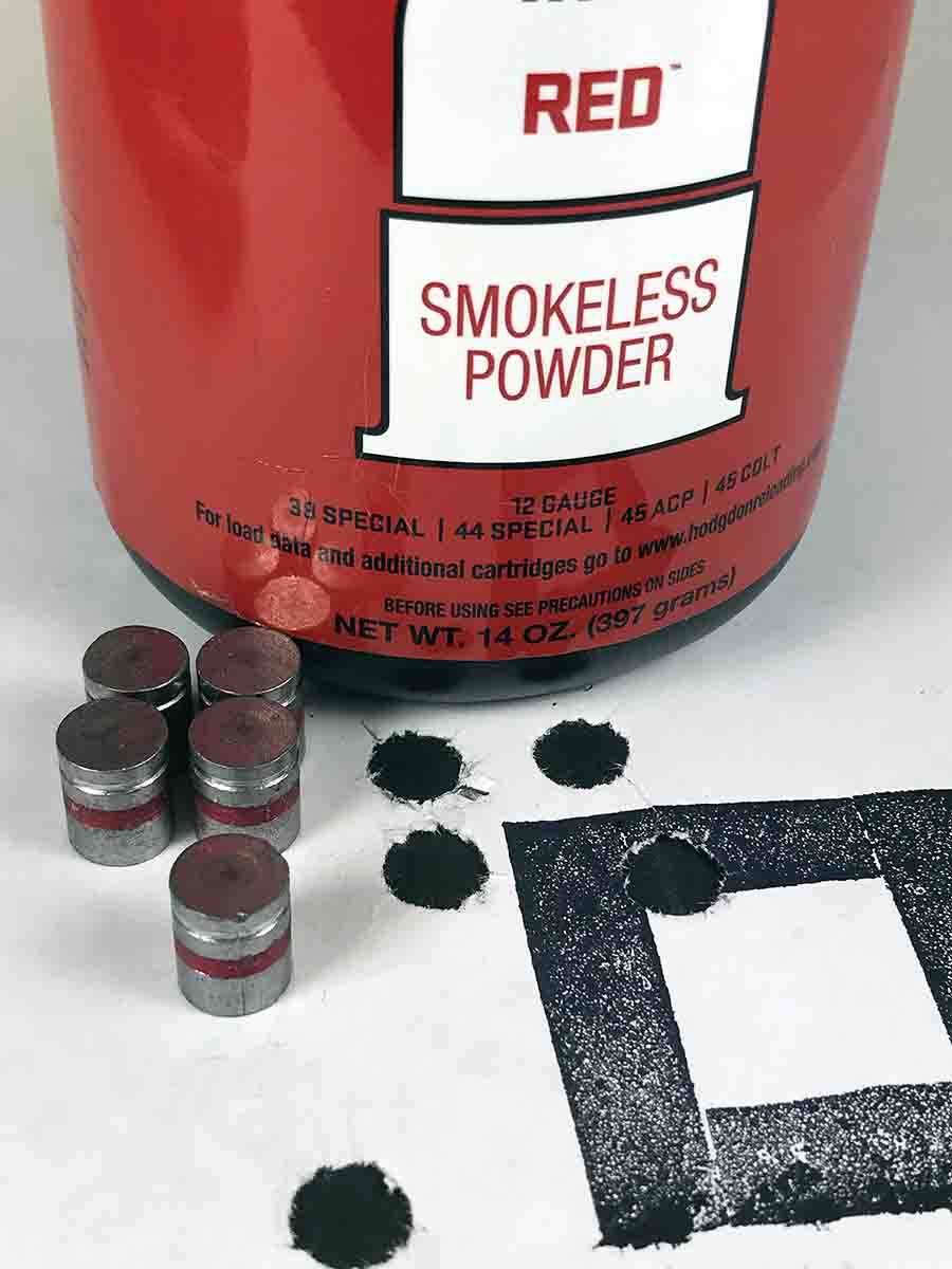 This group was shot at 25 yards with a Smith & Wesson Model 329PD .44 Magnum revolver using Rim Rock Hard Cast Cowboy 200-grain wadcutter bullets with IMR Red powder in .44 Special cases.